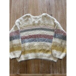 Rip Curl Sunset Waves Stripe Fuzzy Knit Sweater Womens XL Pastel Striped